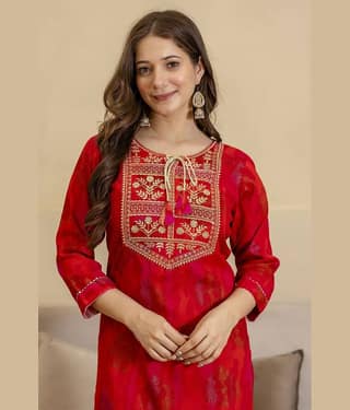 Kapadia Women Viscose Rayon Embroidered Straight Kurti ( Red )
