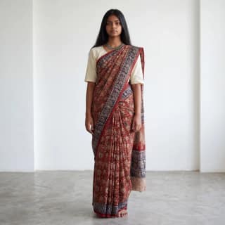 Pedana Kalamkari Block-Print Mulmul Cotton Saree in Maroon
