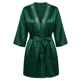 Elegant Emerald Green Satin Lace Trim Short Kimono Robe