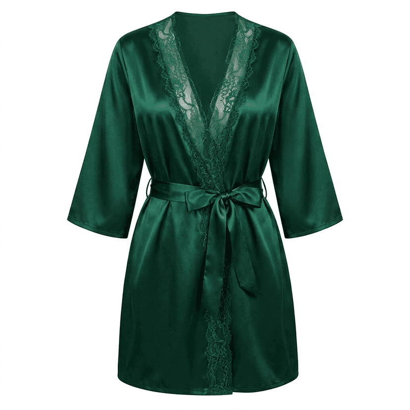 Elegant Emerald Green Satin Lace Trim Short Kimono Robe