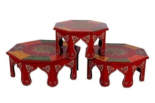 Kusum Art and Crafts Wooden hanipainted Bajot with Polish and Brass Fitted Set of 3 (16x16x6, 14x14x6, 12x12x6, Red) view 2