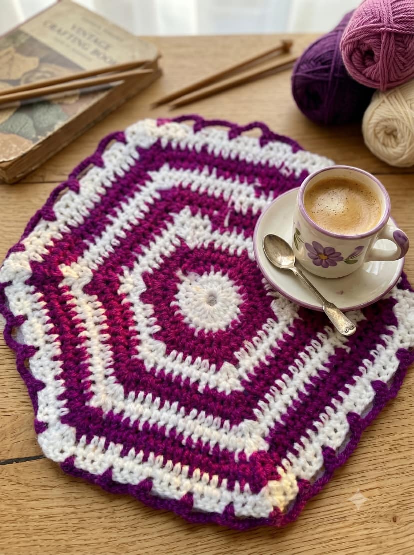 Handcrafted Purple & White Woolen Crochet Thaalposh with Tassel Border – 30×30 cm – 1 Piece view 2