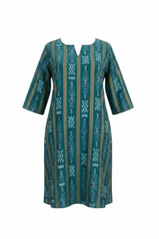 Sambalpuri Ikat Floral Peacock Teal-Odisha Handloom Kurti