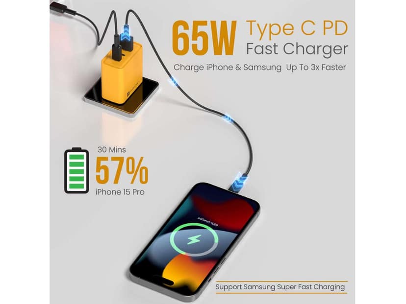 Portronics Adapto 65M 2 X Type C PD Port , 1 X USB-A Port, 65W Laptop Charging, GaN Technology, PPS technology - Yellow view 2