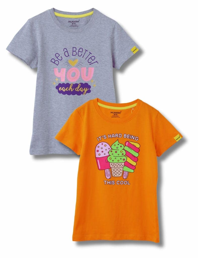 Girls T-Shirt Grey Heather Mélange / Vibrant Orange, Soft Cotton, Ages 7-14 (2pcs pack) view 2