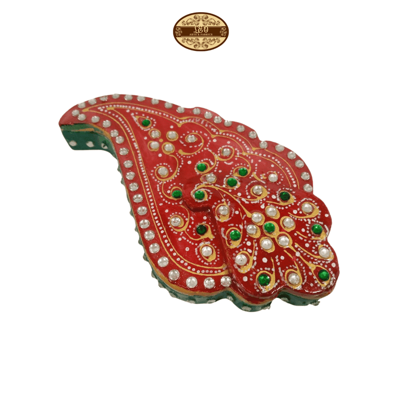 Handmade Marble Meenakari Ganapati Chopda, 13cm x 8cm x 3cm, Red with Green and Pearl Embellishments - STYLE-1 view 2