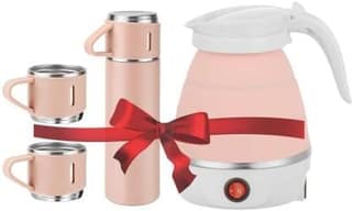 Combo Pack Silicon folding Kettle 600Ml and Vaccum Flask Set (500ML) With 3 Mugs Electric Kettle (0.6 L, Multicolor)