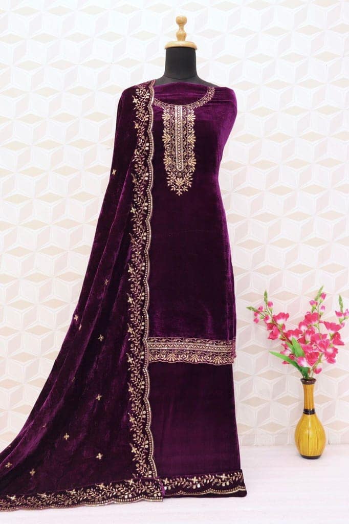 Lorenvelley Fashion Purple Velvet Salwar Suit Material Embroidered view 2