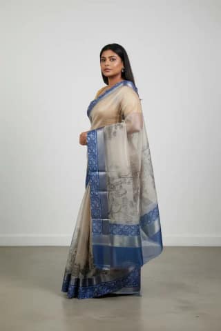 Kota Doria Cotton-Silk Saree with Peacock Block Print and Zari Border