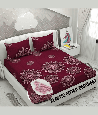 SWIZIER Cotton Floral Printed Fitted 1 Bedsheet with 2 Pillow Covers ( King Size ) - Maroon