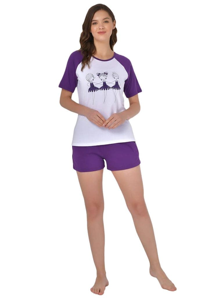 Klamotten Women's White Purple Graphic Printed Top Shorts Set GM01P view 2