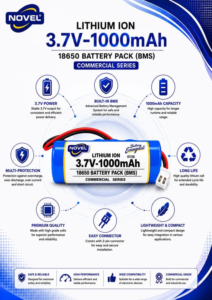 NOVEL 3.7V BMS 18650 LITHIUM ION SINGLE BATTERY WITH JST 2PIN- 1000mAh view 2