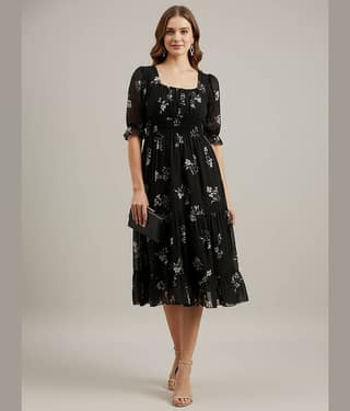 OTABU Women Viscose Rayon Printed Fit & Flare Dress ( Black )