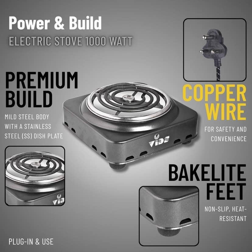 Electric stove 1000W Small | Coil Hot Plate | Electric Cooking Heater (Mild Steel Body) (1 Burner) (Without regulator) by VIDS view 2