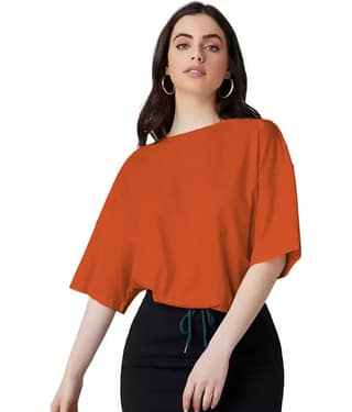 Leotude Women Cotton Blend Solid Oversized Fit Round Neck T-Shirt ( Orange )