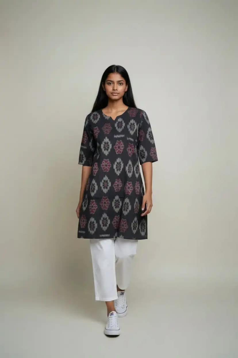 Handwoven Sambalpuri Cotton Kurti in Black with Bandhakala Motifs