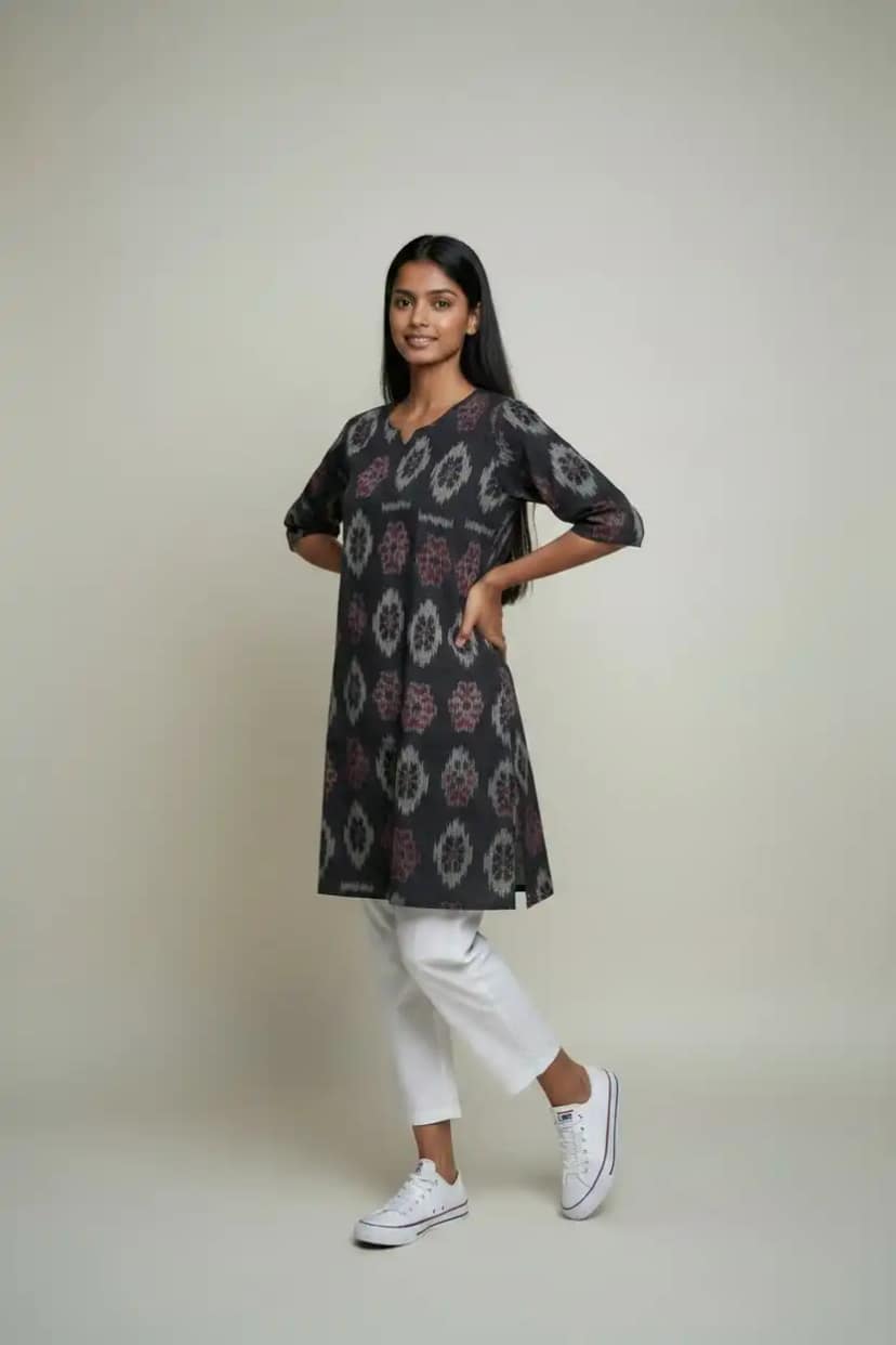 Handwoven Sambalpuri Cotton Kurti in Black with Bandhakala Motifs view 2