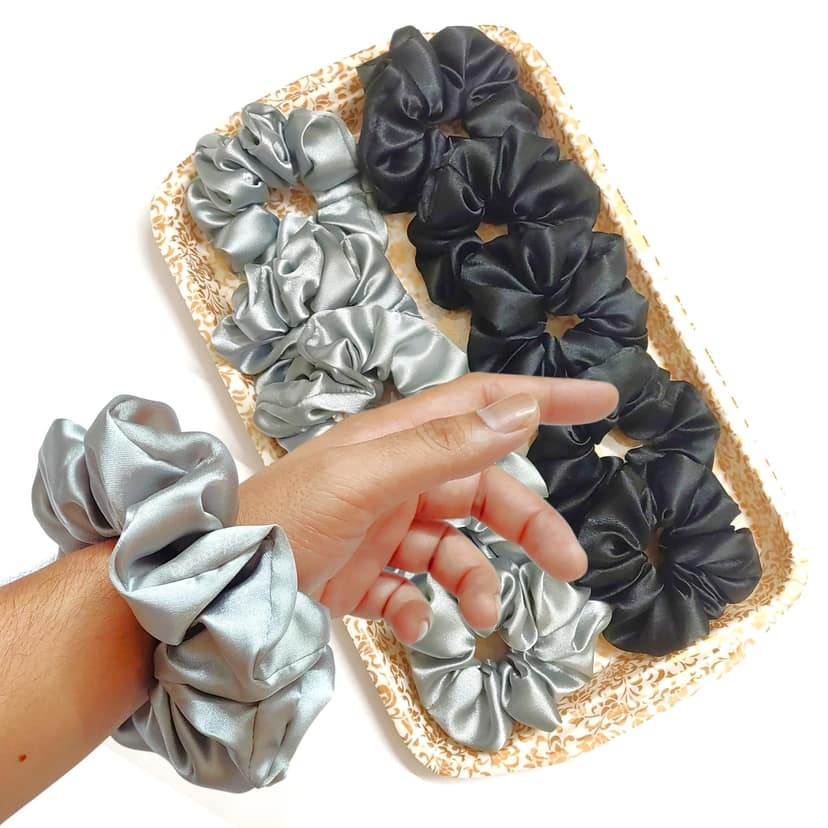 Dvabeautyshop scrunchies for Women, Pack of 10, Satin Scrunchies (Black&Silver, Large) Dvabeautyshop scrunchies for Women, Pack of 10, Satin Scrunchies (Black&Silver, Large) - Black&Silver / 1 count (Pack of 10)