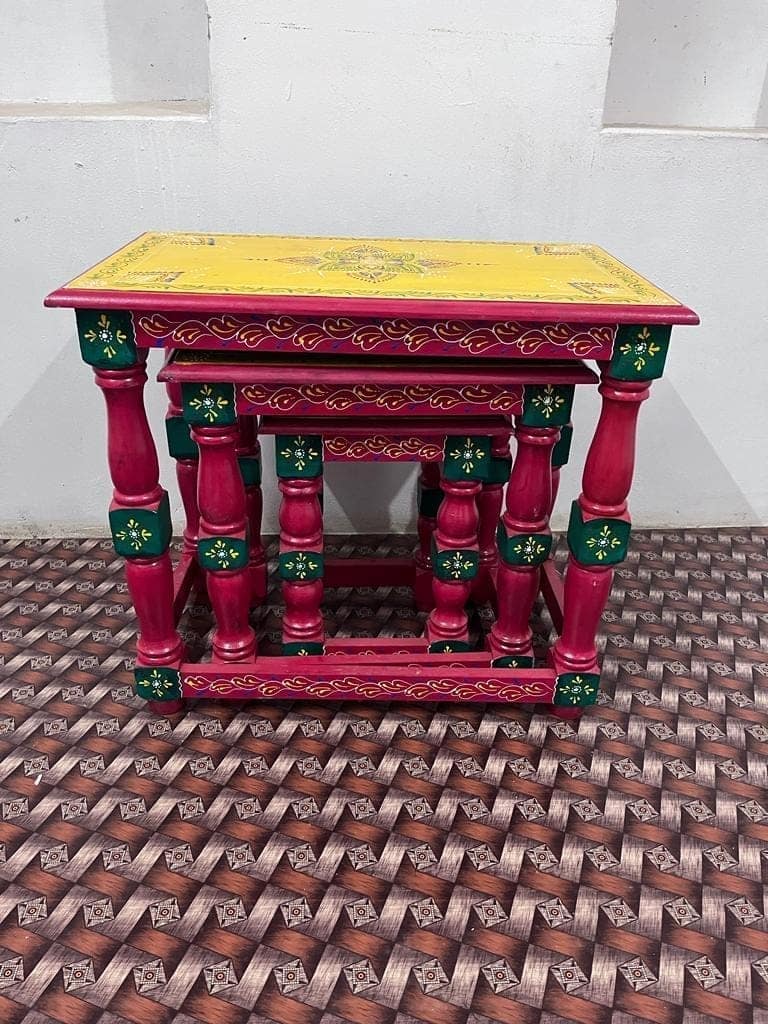 Kusum Art Wooden hand Painted Nested Set of Three Stool For Home Decor and Flyover Port With Deafferent Different Size view 2