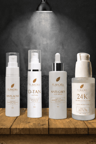 Anti Grey Hair Serum, D Tan Lotion, and Anti Acne Serum & 24K Gold Serum - Combo of 4