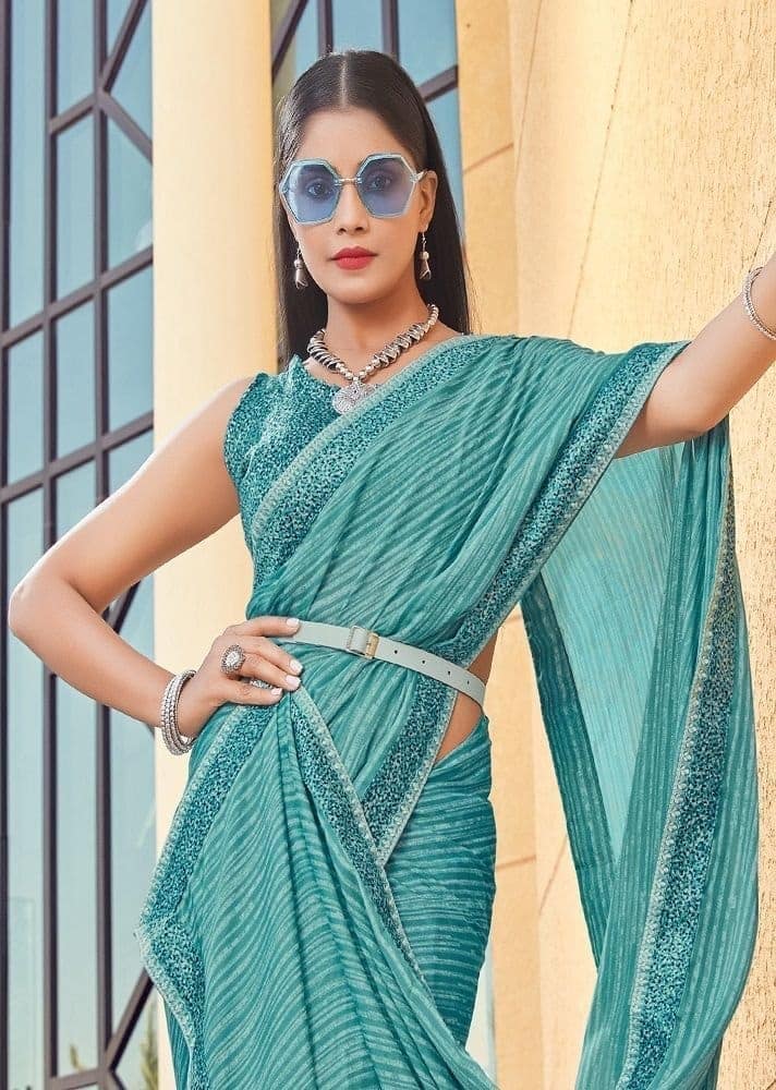 Digital Printed Satin Georgette Saree in Blue view 2