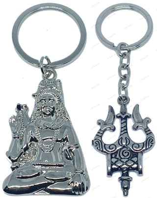 KD COLLECTIONS Lord Shiv Shankar Bholenath Mahadev Mahakaal Adiyogi Keychain & Trishul Keychain Combo – Silver – Pack of 2 Keychains