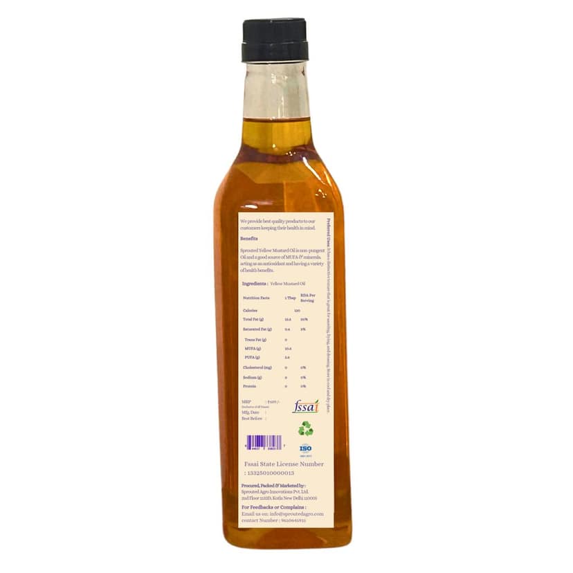 Sprouted Wood Cold PressedYellow Mustard (Sarso ka tel) Oil | Glass Bottle | Kohlu/ Kacchi Ghani | 100% Pure | Gluten-Free | Chemical Free | Wood Cold Pressed/ Cold Pressed Yellow Mustard Oil for Cooking in 1 Litre view 2