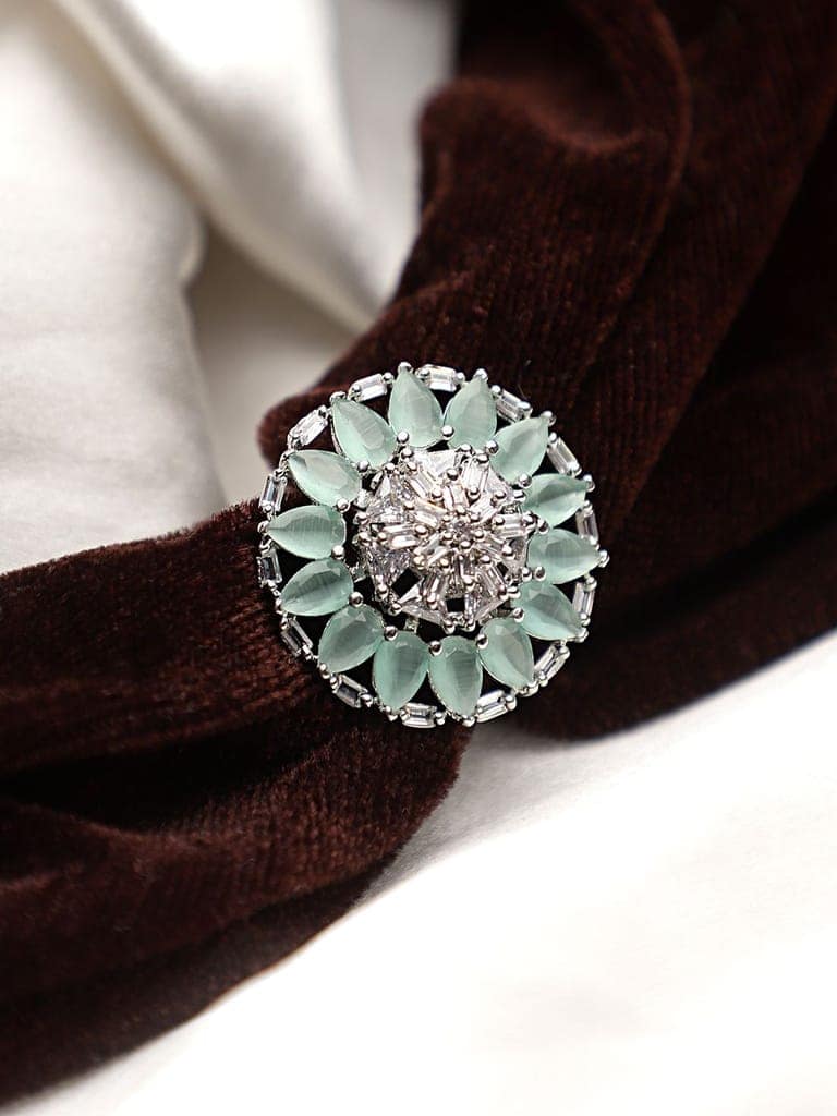 Cardinal American Diamond Silver Plated Pista Color Stone Brass Adjustable Ring
