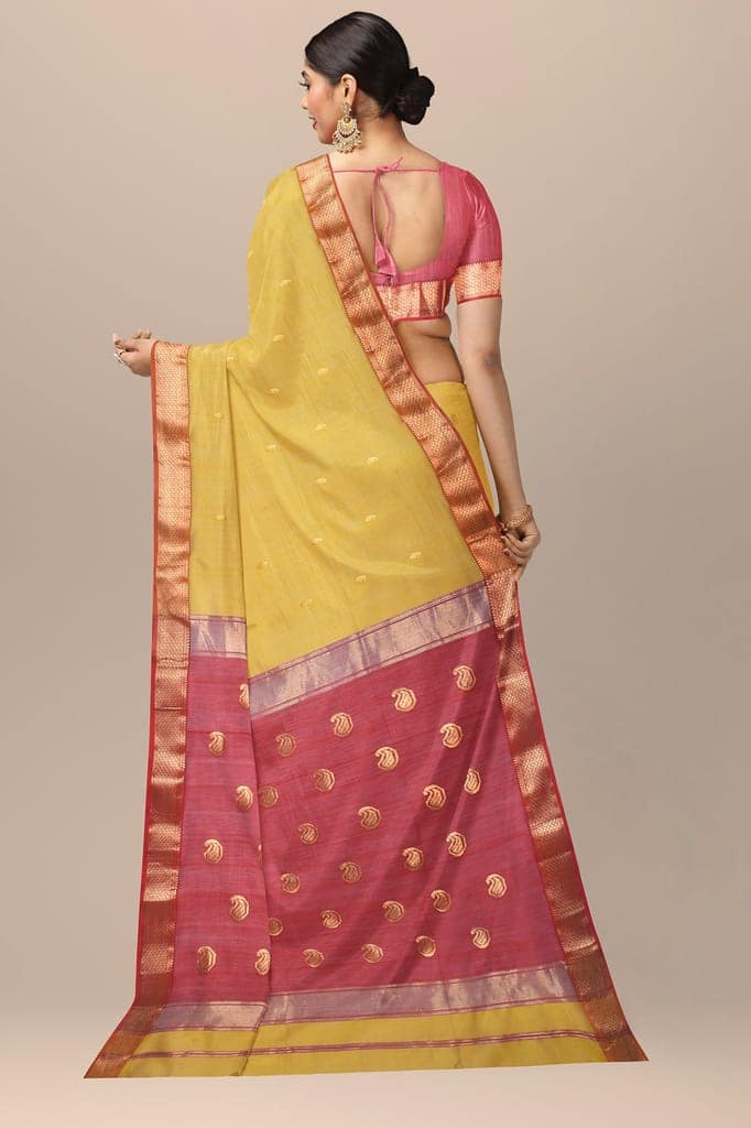 Golden Yellow Handwoven Sausar Silk with Zari Border and Carry Buta Saree SKU-BS10039 view 2