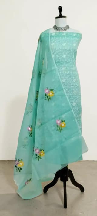 Handwoven Kota Doria Dress Material, Teal Green with Floral Gota Patti