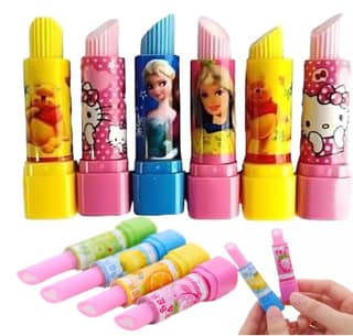 Delhi Deals Hub Lipstick Shape Cartoon Printed Erasers Pack of 6 Non Toxic Dust Free Fancy Stationery for Kids Multicolour
