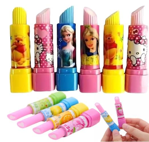 Delhi Deals Hub Lipstick Shape Cartoon Printed Erasers Pack of 6 Non Toxic Dust Free Fancy Stationery for Kids Multicolour