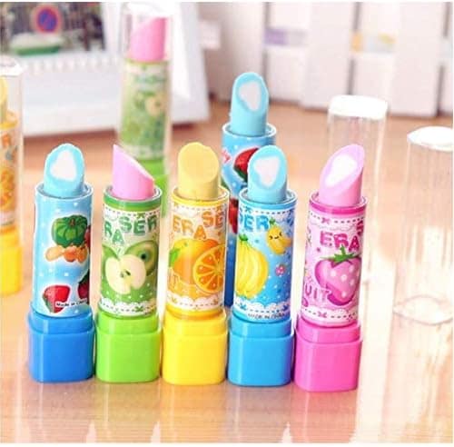 Delhi Deals Hub Lipstick Shape Cartoon Printed Erasers Pack of 6 Non Toxic Dust Free Fancy Stationery for Kids Multicolour view 2