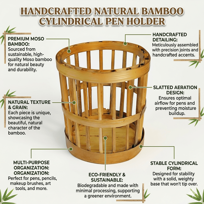 Malvaa Handcrafted Natural Bamboo Cylindrical Pen Holder view 2