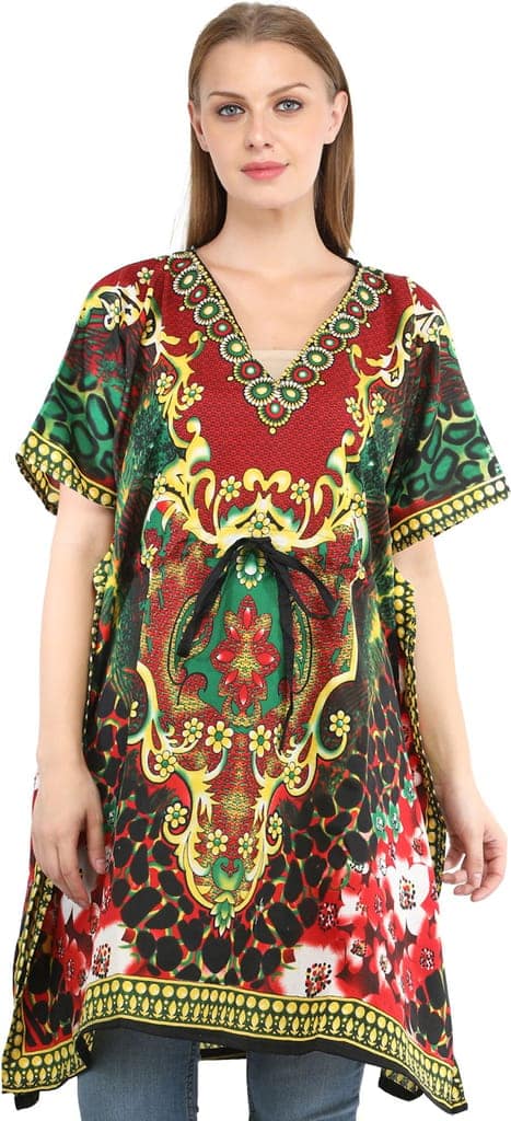 Ribbon-Red Short Kaftan with Printed Florals All-Over and Dori at Waist view 2