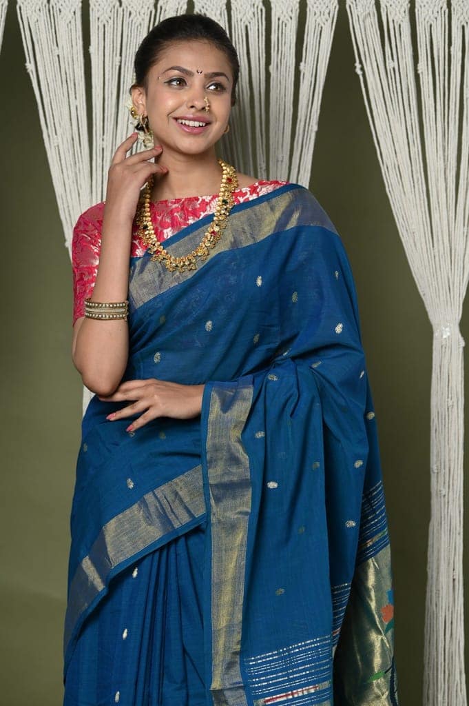 EXCLUSIVE! Handloom Pure Cotton Paithani With Peacock Pallu~Teal Blue view 2