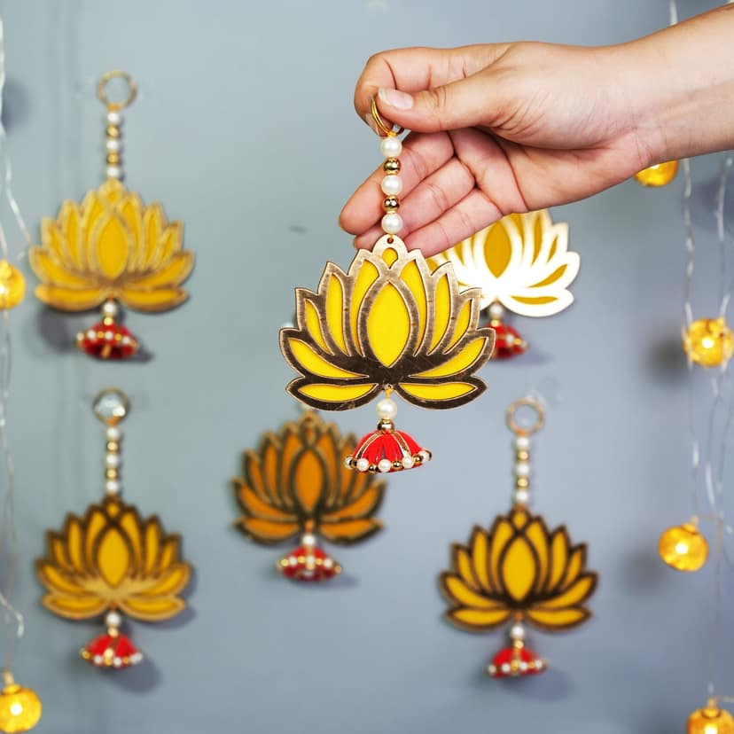 The Mohraj Handcrafted Yellow Lotus Hanging for Home Decoration Pack of 6 view 2