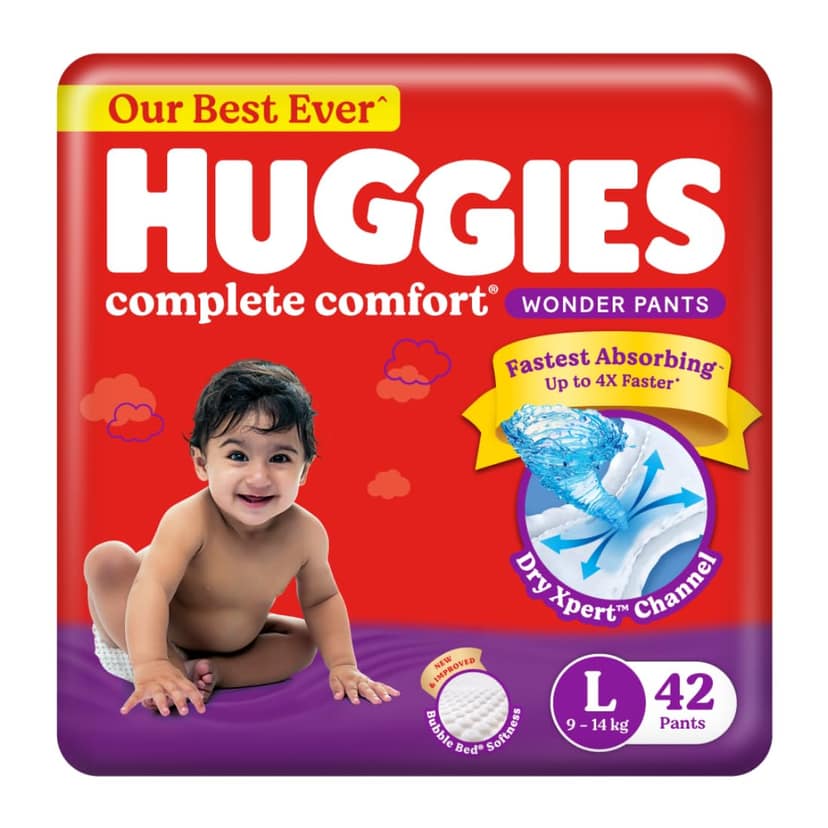 Huggies Complete Comfort Wonder Pants | Pant Style Baby Diapers Large Size (L), 42 Count | India's Fastest Absorbing Diaper, Prevents Diaper Rash, Ideal for 9 to 14 Kgs Huggies Complete Comfort Wonder Pants | Pant Style Baby Diapers Large Size (L), 42 Co
