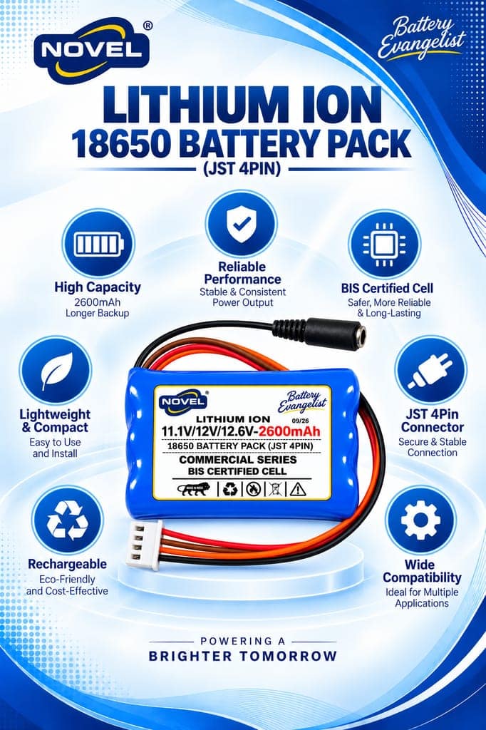 NOVEL 11.1V / 12V / 12.6V 18650 BMS LITHIUM ION BATTERY PACK WITH DC FEMALE + JST 4 PIN- 2600mAh view 2
