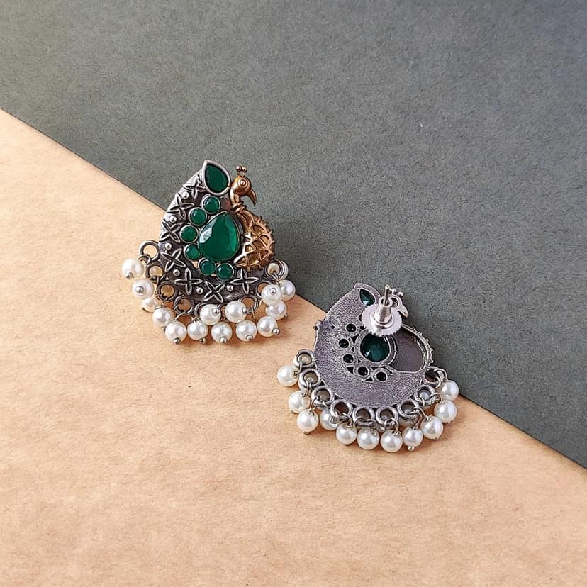 Oxidized Dual Toned Peacock Stud Earring For Women And Girl view 2