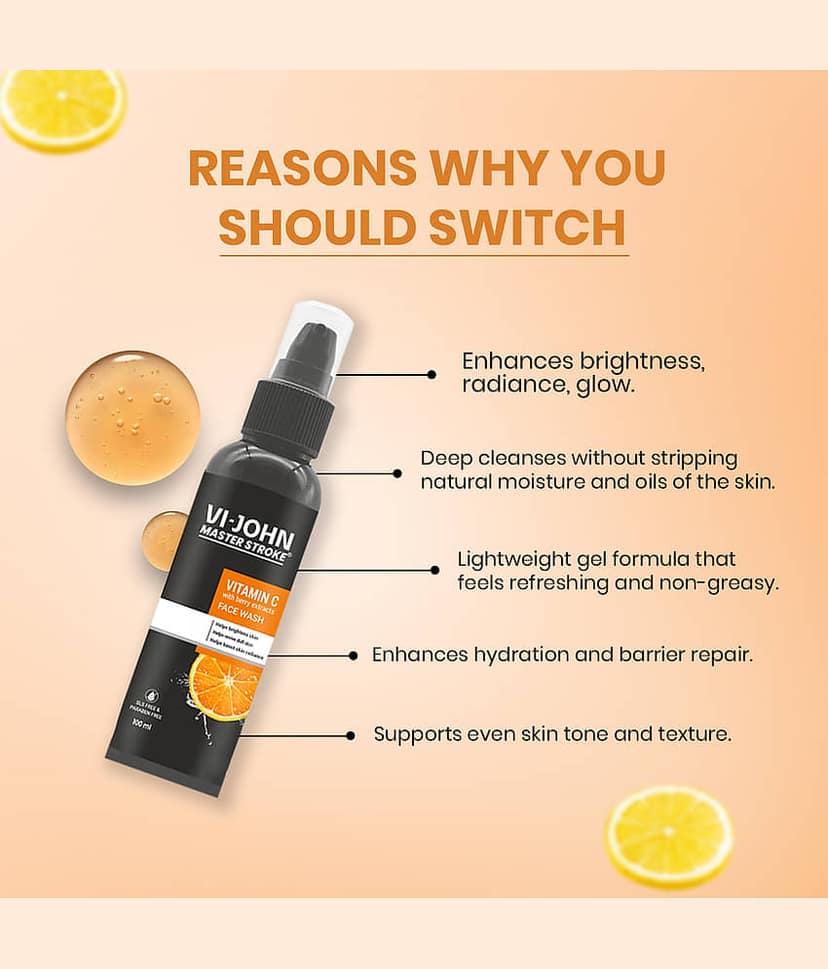 Vi-John Master Stroke Vitamin-C Face Wash Brightening Skin And Radiant Glow For All Skin Type, 100ml (Pack of 1) view 2