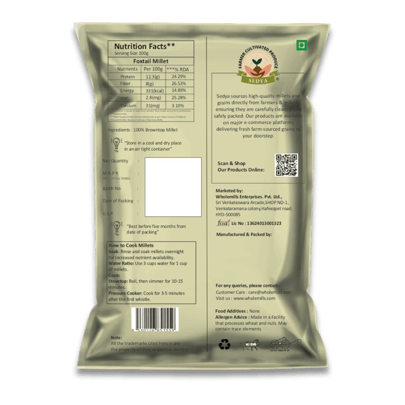 Sedya Three Millet Combo Whole Grains | Foxtail, Browntop & Barnyard Millet | Certified Low GI | Korralu / Korale / Udalu | Gluten Free | Unpolished, Toasted, No Soaking Required | High Plant Protein & Fibre | 1.5 Kg Pack view 2