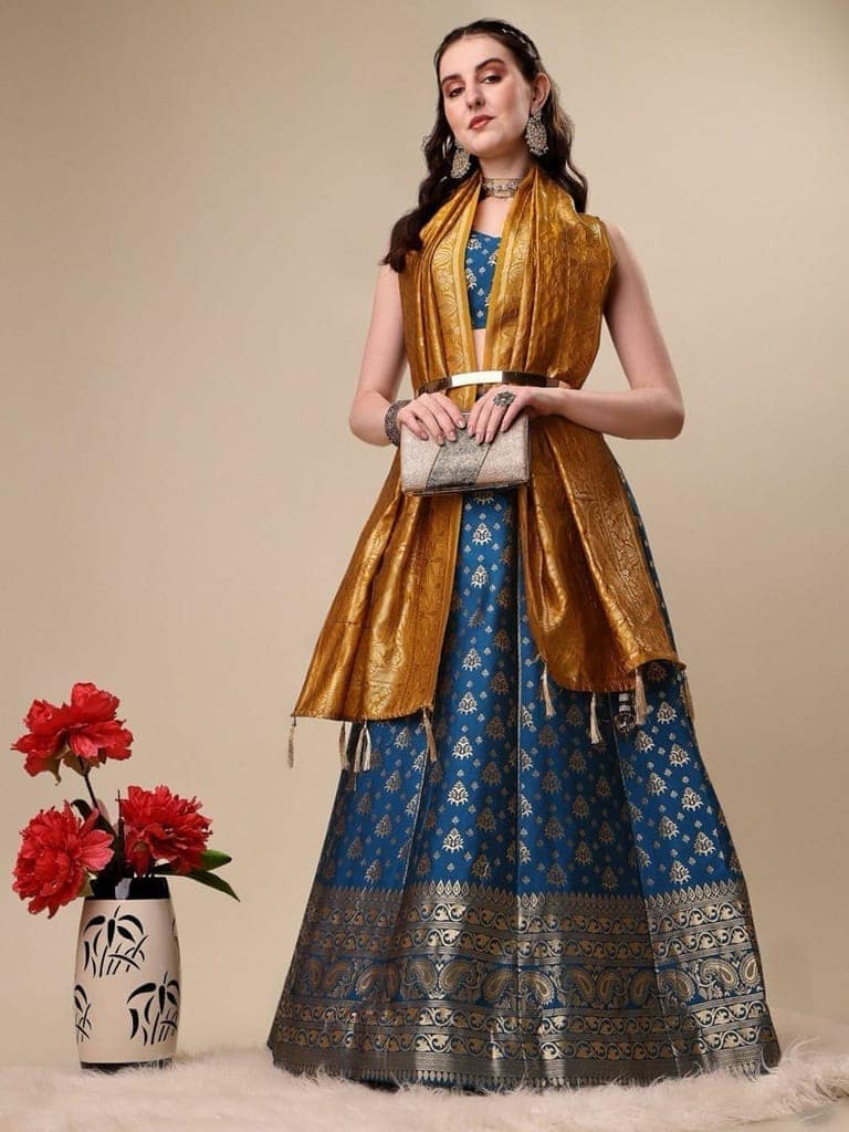 Rama Brocade Fabric Lehenga & Unstitched Blouse With Dupatta view 2