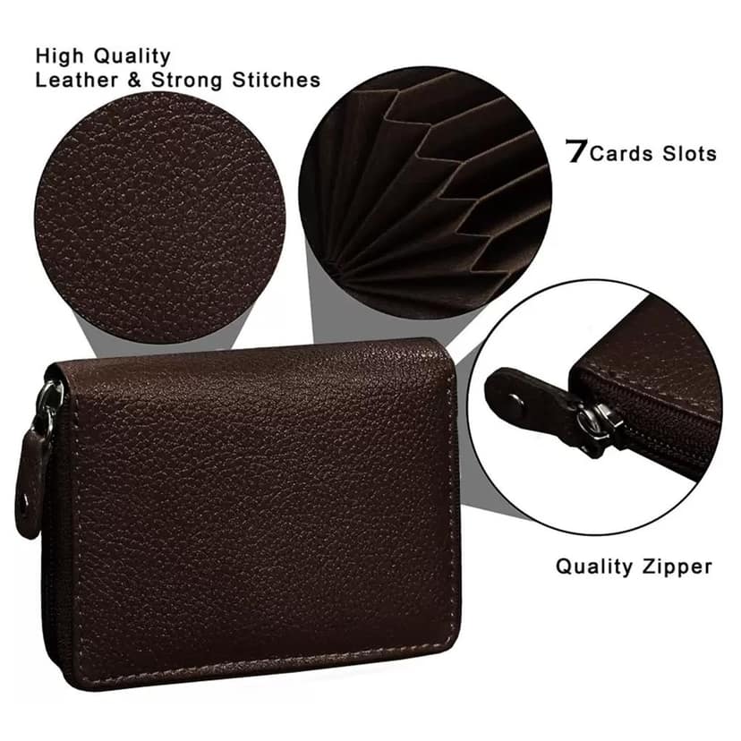 Small Pocket-Sized 9 Slot ID, Credit-Debit Card Holder with Closing Zipper for Men & Women - Brown WL601-B view 2
