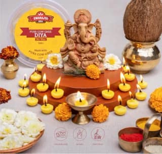Swarajya India Cow Ghee Diya for Puja | Wax Free Vegan Ghee Batti | Jyot for Puja and Aarti | Yellow | 100 Pieces