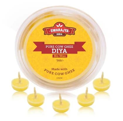 Swarajya India Cow Ghee Diya for Puja | Wax Free Vegan Ghee Batti | Jyot for Puja and Aarti | Yellow | 100 Pieces view 2