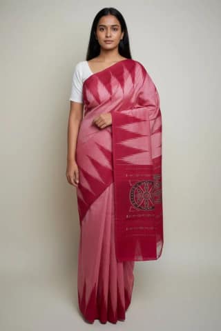 Sambalpuri Ikat Cotton Saree Cerise Pink Chevron Border