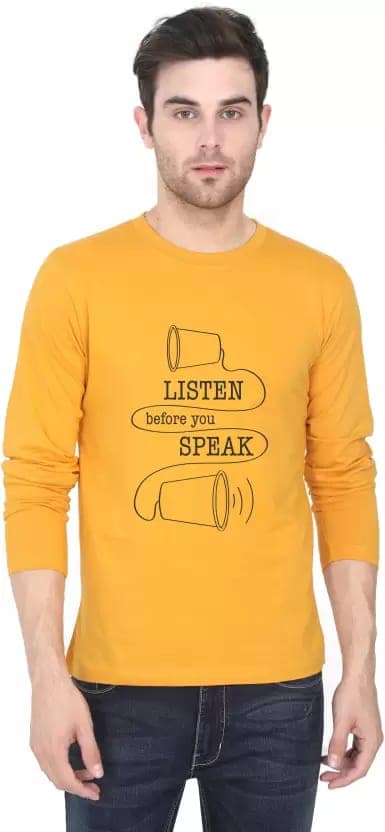 Full Sleeve T-Shirt Men Printed Round Neck Pure Cotton Yellow T-Shirt view 2