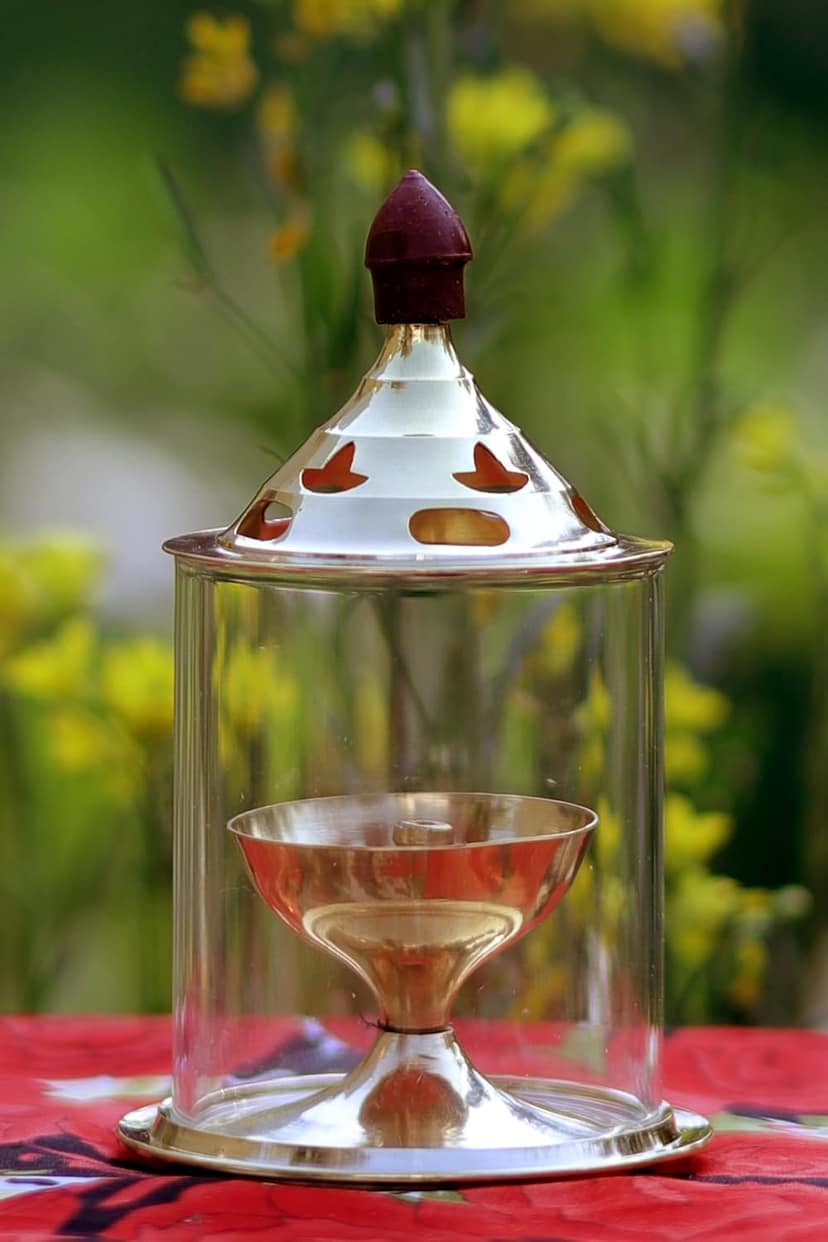 KKK Retailers Brass and Glass Akhand Deep Diya with Cover for Puja | Deepam Jyot Diya Oil Lamp | Pooja Articles and Pooja Items for Home Temple | 5 Inch, 0.25 Kilograms, 7.6 x 7.6 x 12.7 Cent view 2