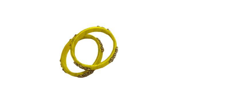 Vibrant Yellow Thread-Wrapped Bangles with Antique Floral Embellishments (Pair) view 2